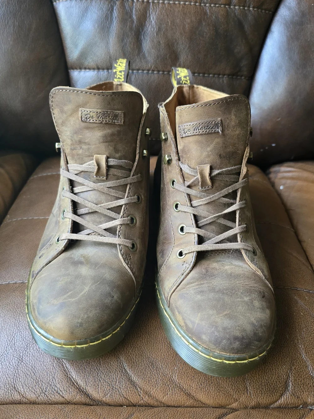 Dr. Martens Brown Leather Chukka Boots with Yellow Stitching